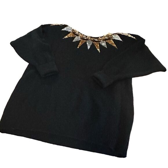Vtg Semplice Lambs Wool Angora Rabbit Hair Black Sequin Deep V Back Sweater L - Picture 3 of 13